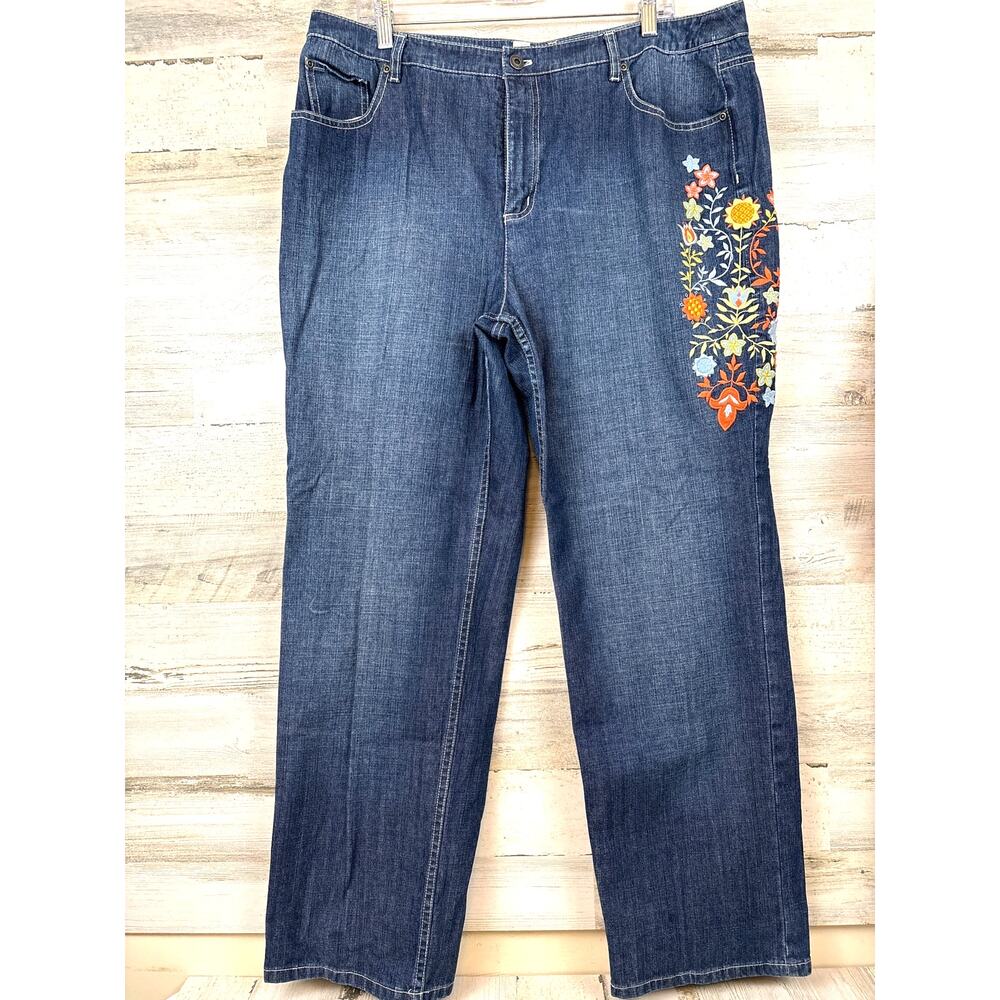 Talbots Womens 18 Plus Blue Y2K Embroidered Floral Straight Leg Denim Jeans Pant